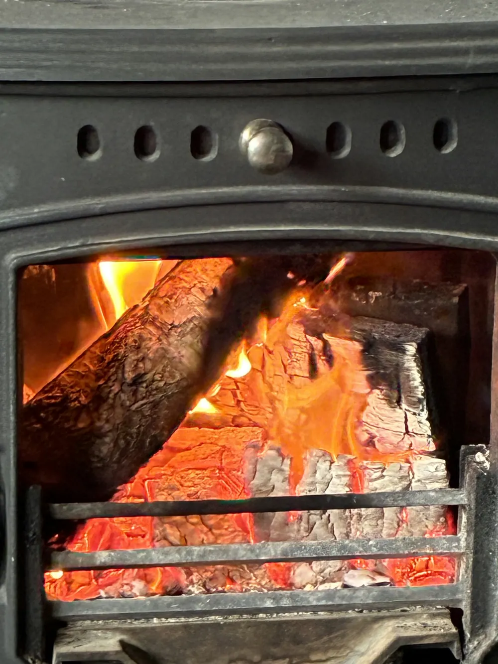 Bûches qui flambent dans le foyer d'un poêle en fonte